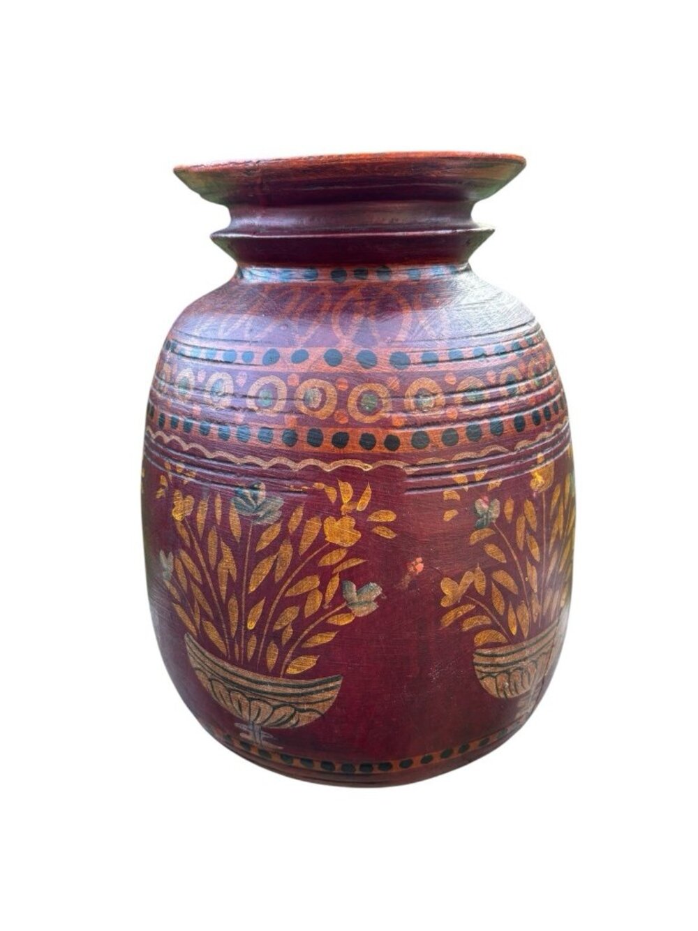 Vtg Kashmiri Hand Painted Wood Vase MCM Indian Lacquerware Folk Art Pot